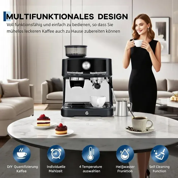 Machine à espresso - LUNSY - Extraction à 15 bars - Broyeur à café intégré - 30 niveaux de réglage - Buse vapeur — coloris Noire