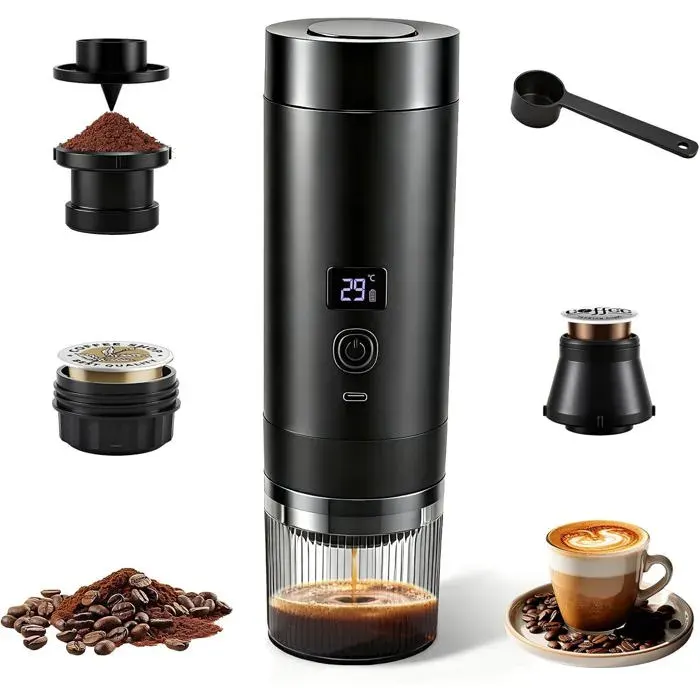 Machine à Espresso Portable 20 Bars 3 en 1 Batterie 7800mAh USB-C Compatible Capsules et Café Moulu pour Voyage Camping
