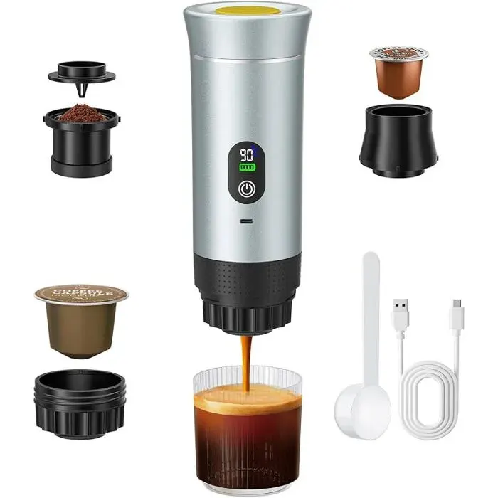 Machine à espresso portableMachine à café électrique 3 en 1 pour camping Auto chauffante machine à café Argenté