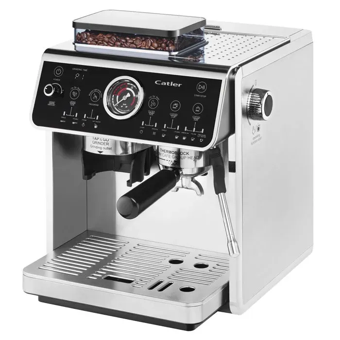 Machine à expresso à levier CATLER ES 910 - Café en grains - Double pompe 20/5 bars - Broyeur inox 30 niveaux - Noir/inox