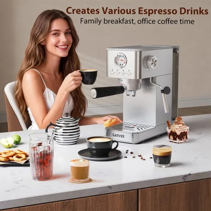 Machine à expresso compacte - LUNSY - Acier inoxydable - 1300 W - 15 bars - Manomètre intégré - Buse vapeur — coloris Argent