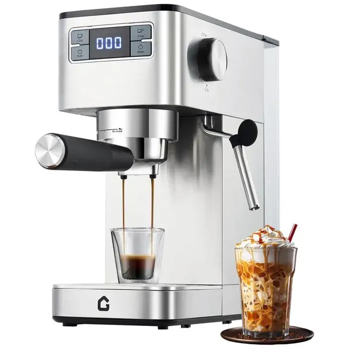 Machine à Expresso Garvee 20 Bars Porte-Filtre avec Mousseur à Lait Thermobloc Eau Chaude Indicateur de Détartrage Compacte