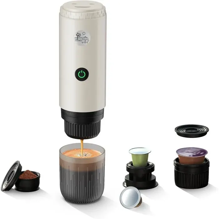 Machine à Expresso Portable 3 en 1 20 Bars Chauffage Automatique Compatible Capsules NS/DG et Café Moulu Camping Voyage Blanc
