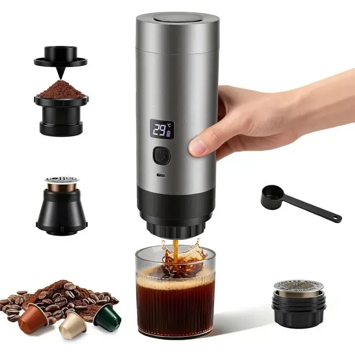 Machine à Expresso Portable 3 en 1 Batterie 20 Bars Extraction Chaud/Froid Compatible Café Moulu USB-C Voyage Camping