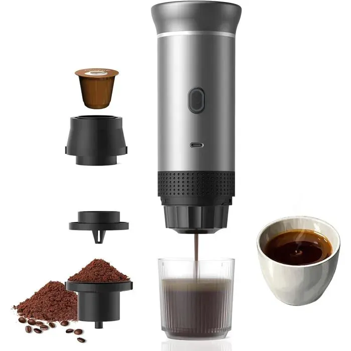 Machine à expresso portable 3-en-1 -HAWUJ- auto-chauffante 4-6 min chauffage rapide 60ml argent - pour offrir cadeau