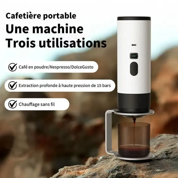 Machine à expresso portable – Appareil électrique compact pour café moulu et capsules – Multifonction tout-en-un – Blanc