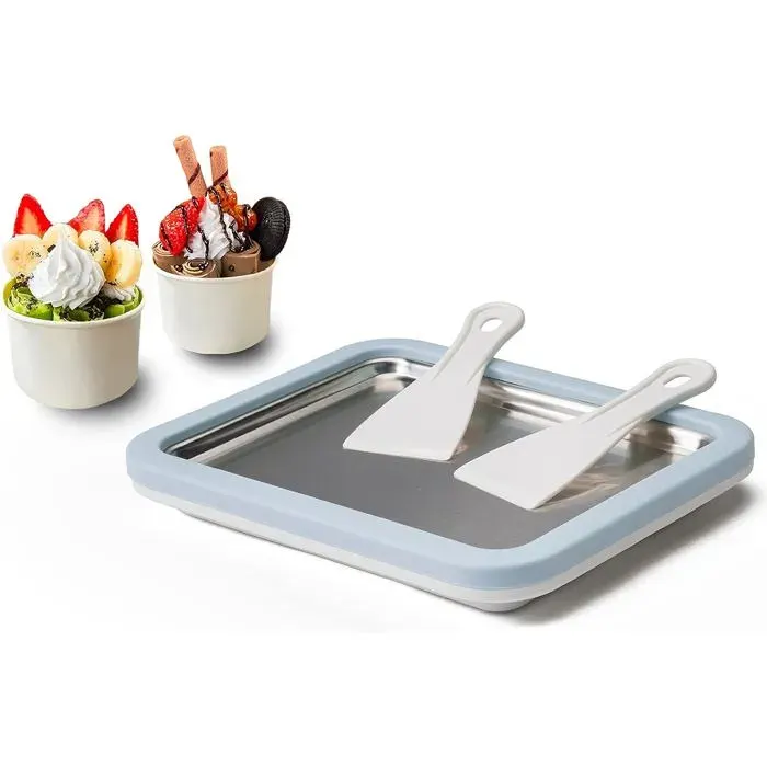 Machine à glace roulée bleue 450 ml -18 °C - plaque de refroidissement avec 2 spatules pour desserts congelés