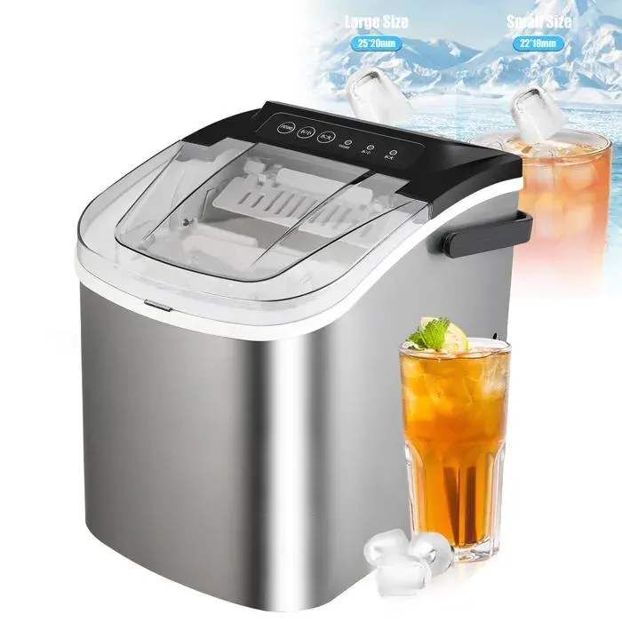 Machine à glaçons 1.2 L - 12-15KG /24H - Machine à glaçons portable Inoxydable - Autonettoyante - 2 tailles de glaçon - 6-8min