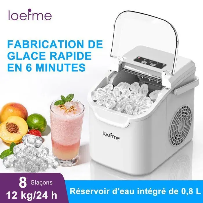 Machine à Glaçons 12kg/24 Heures - Fabrication Rapide 6 à 8 Minutes - Faible Bruit - Nettoyage Automatique Domestique - Blanc