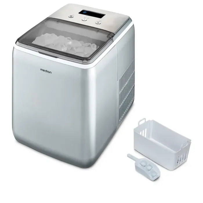 Machine à glaçons cristallins – MEDION MD11950 – Réservoir eau 26L – 15kg/24h – 2 tailles – 10 minutes – Inox