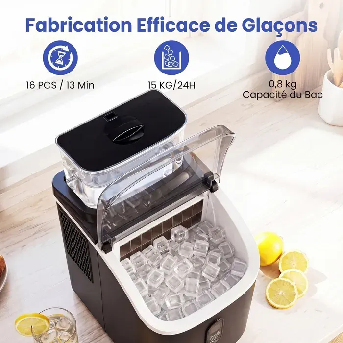 Machine à glaçons de comptoir 15 kg/24h 16 glaçons carrés en 13 min 13 épaisseurs réglables autonettoyante minuterie 24 heures