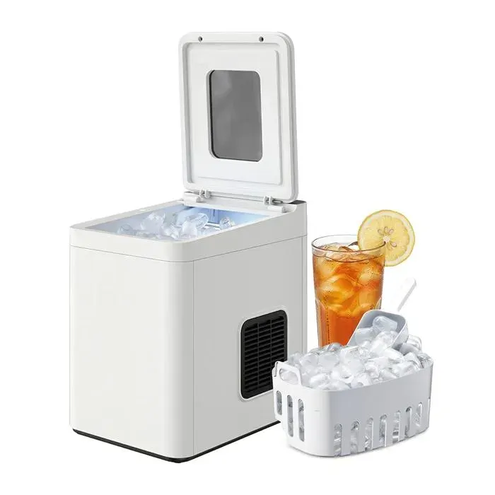 Machine à glaçons de table autonettoyante compacte avec pelle et panier blanc
