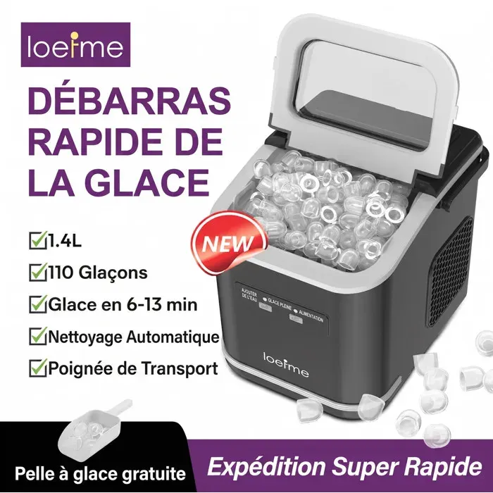 Machine à glaçons noire portable 12kg/24h réservoir 1.4L 9 glaçons en 6min fonction autonettoyante bruit inférieur 40dB