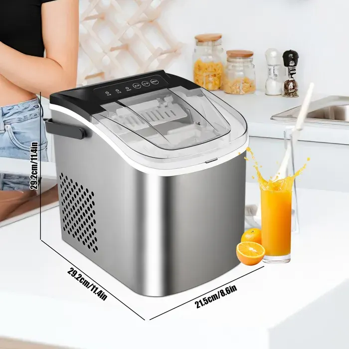 Machine à glaçons portable Inoxydable - 12-15KG /24H -1.2 L -Autonettoyante - 2 tailles glaçon(25*20mm/22*19mm) - 6-8min - Silen