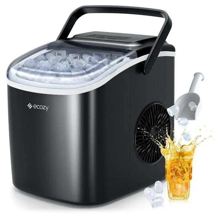 Machine à Glaçons Pro 12kg/24h 9 glaçons/6min 2 tailles Autonettoyante Portable Noir Maison/Bar/Fêtes
