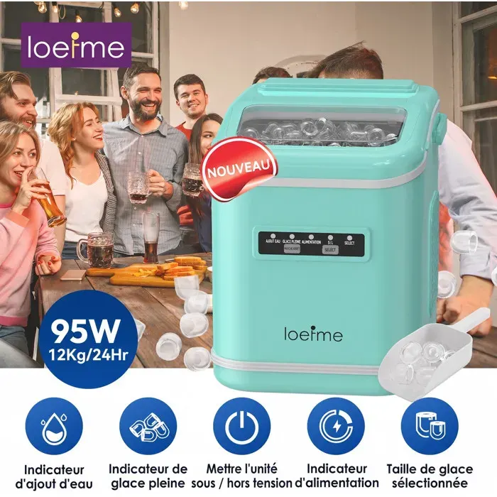 Machine à glaçons verte 12kg/24h réservoir 1.4L 9 glaçons en 6min silencieuse autonettoyante 2 tailles de glaçons avec poignée
