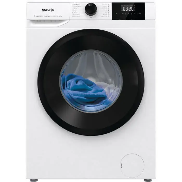 Machine à laver blanche à chargement frontal - GORENJE - Porte noire - Essorage 1200 tr/min - Traitement à la vapeur