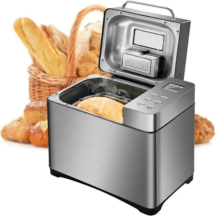 Machine à Pain en Acier Inoxydable 710 W 19 Programmes de Cuisson Écran LCD Minuterie de 15 Heures Fonction de Maintien au