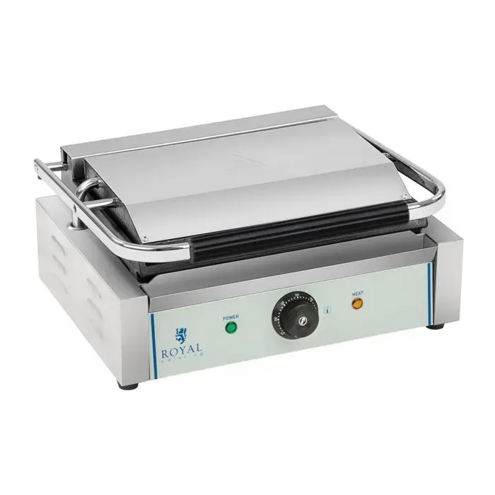 Machine à panini Grill de contact électrique Plaque du haut striée Collecteur graisse 2200W Tension 230V Royal Catering RCKG-2200