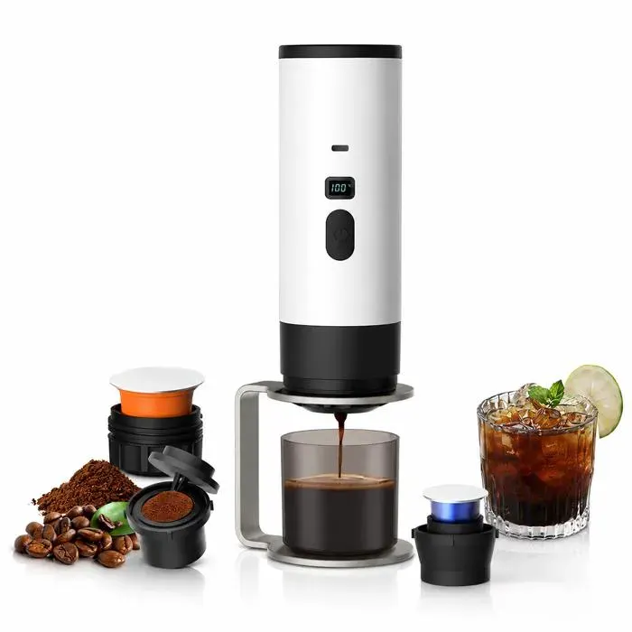 Machine café portable APROSP 3 en 1 autochauffante NS DG moulu 90ml USB C camping voiture blanc