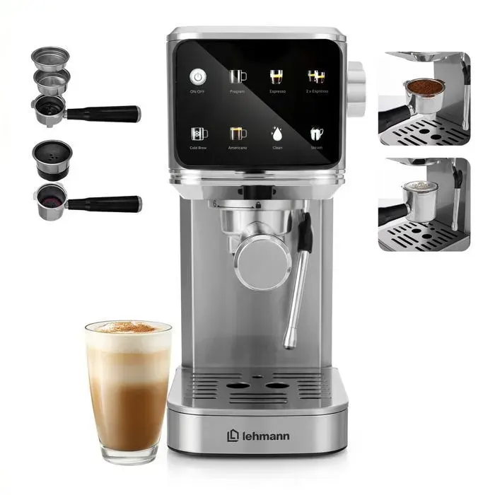 Machine Expresso Lehmann Bellagio - 1350 W - 20 Bar - Café Moulu & Capsules - Cold Brew - Écran Tactile - Réservoir 12 L