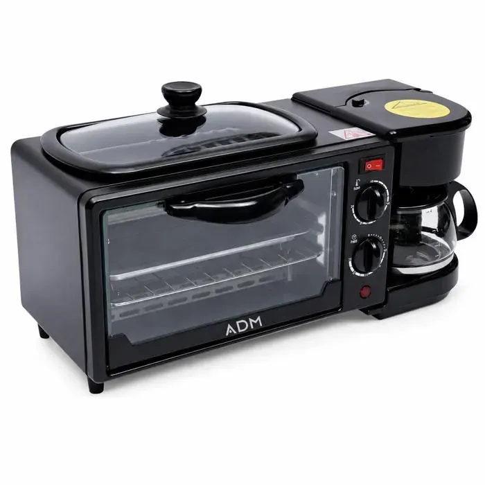 Machine Petit-Déjeuner 3-en-1 1050 W – Mini-Four 9 L Cafetière 4 Tasses et Plaque Grill