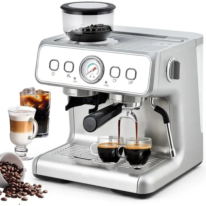 Machine Porte-Filtre Avec Moulin Machine À Expresso De 15 Bar Mousseur À Lait Manomètre Visible Grand Réservoir DEau De 28 L