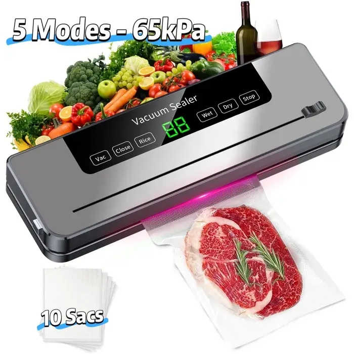Machine sous vide - 5 Modes - 65kPa - Cutter Intégré &10 Sacs -Conservation Aliments Secs et Humides -Machine sous vide Alimentaire