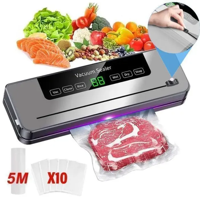 Machine Sous Vide 75kPa-6 Modes avec Coupeur Intégré Appareil Mise Sous Vide avec (5M+10) Sacs – Conservation Aliments g SOUDEUSE