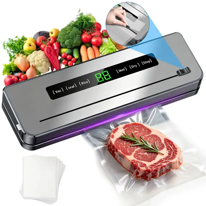 Machine sous vide Alimentaire -5 modes -Coupeur Intégré -65kPa -10 Sacs -Amovible et lavable -Conservation Aliments Secs et Humides