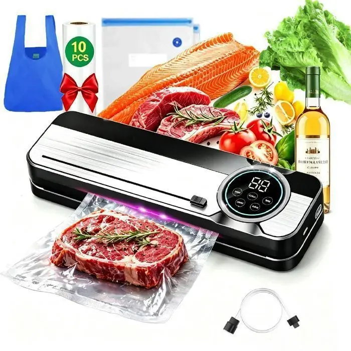 Machine sous vide alimentaire 7-en-1 humide/sec – Scelleur domestique avec tube externe coupe-sacs UV + sacs inclus