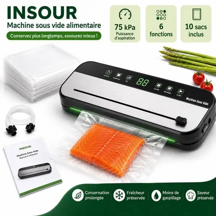 Machine Sous Vide Alimentaire INSOUR 6-en-1 75 kPa 120 W Soudure 30 cm Modes Sec/Humide Coupeur 10 Sacs