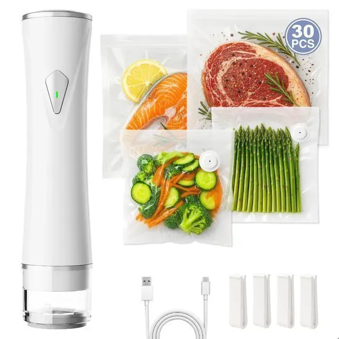 Machine Sous Vide Alimentaire -Machine Sous Vide-Sous Vide Alimentaire-60KPa-1200mAh-Portable-Livré avec 30 sacs réutilisables-Blanc