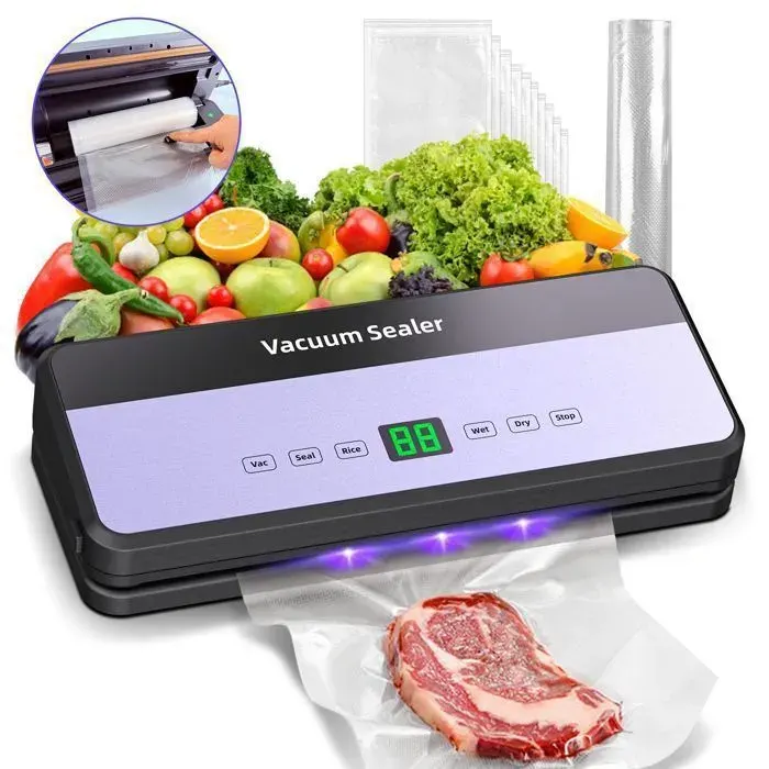 Machine sous vide appareil de mise sous vide alimentaire 90 kPa avec coupe-sac intégré et compartiment de rangement pour les sacs.