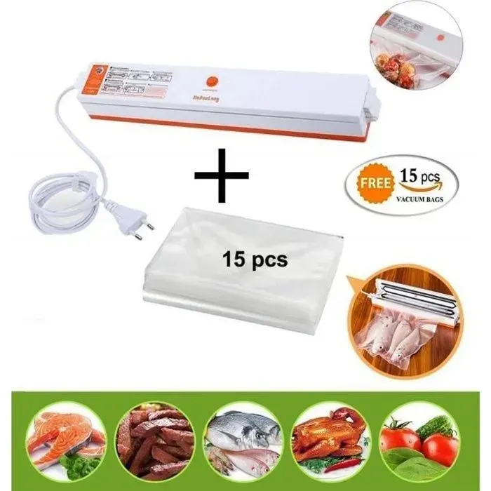 Machine sous Vide avec 15 Vacuum Sealer Sacs Appareil de Mise Sous Vide Ménage Alimentation Automatique Système d’Emballage