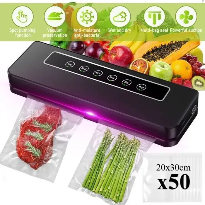 Machine Sous Vide - Emballeuse sous vide - 6 Modes-65 KPa 3000 R-Désinfection UV- LED Voyants-avec 50 Sacs-20 × 30 cm (Noir)