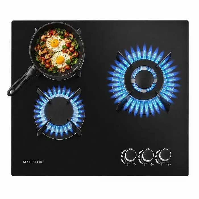 MAGICFOX Plaque de Cuisson Gaz 3 Feux avec Sécurité Thermocouple Compatible Gaz Naturel Butane et Propane Noir 8.05 kW 220-240V