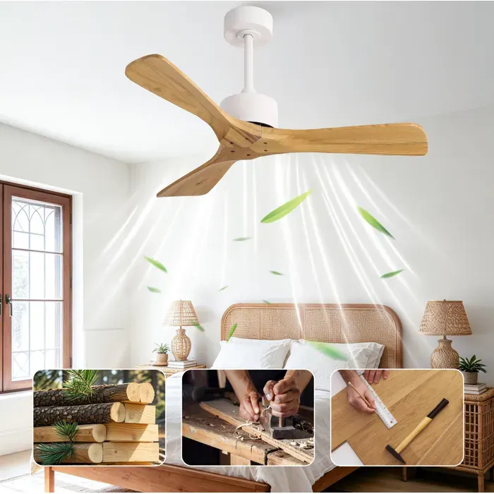 Maisentiel Ventilateur de plafond 42 pouces sans lumière 3 pales en bois massif blanc télécommande moteur DC silencieux