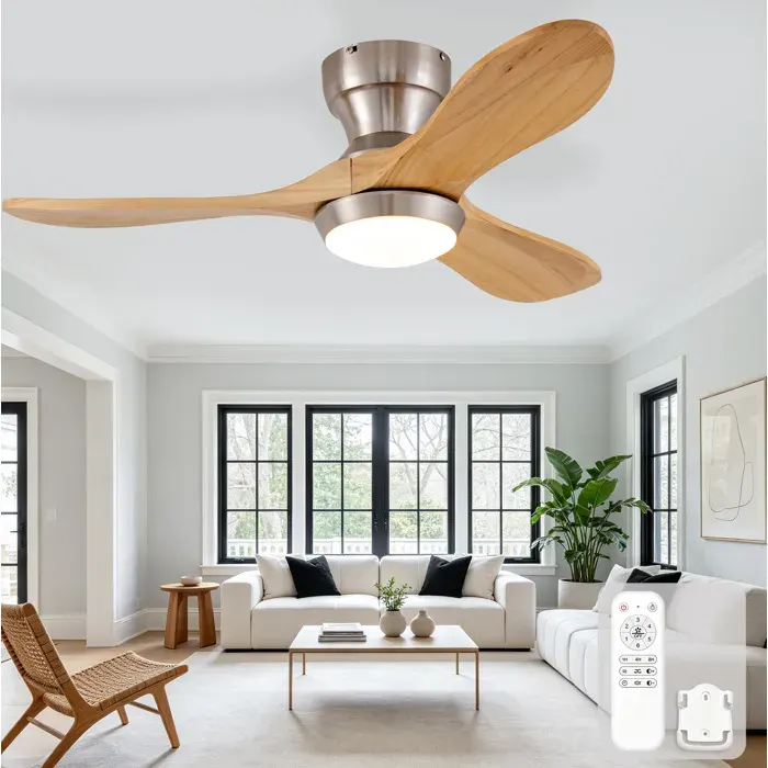 Maisentiel Ventilateur de plafond LED encastrable Ø90 cm bois massif marron télécommande 6 vitesses réversible 3CCT