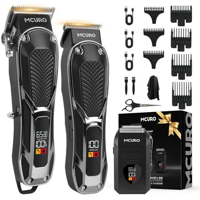 MCURO Ensemble de Tondeuse Cheveux Professionnelle Sans Fil 3 en 1 - Ecran LED - Longueur réglable avec 7 Sabots - Noir