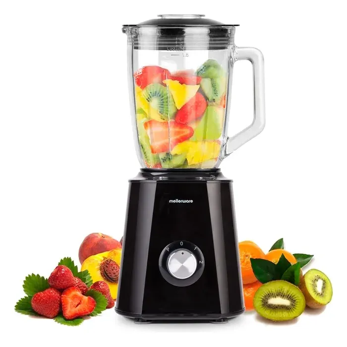 Mellerware – Blender Mixy! 1500W Bol Verre 15L 2 Vitesses + Turbo 6 Lames Inox Broyeur à Glace Antidérapant Noir