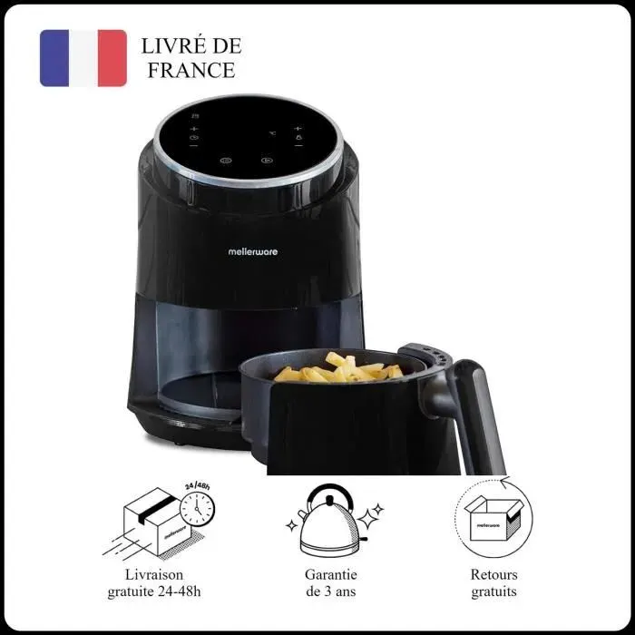 Mellerware - Friteuse sans Huile Multifonction Crunchy! 1230W 7 programmes Air Fryer Anti-adhesive Design Compact 15L Noir