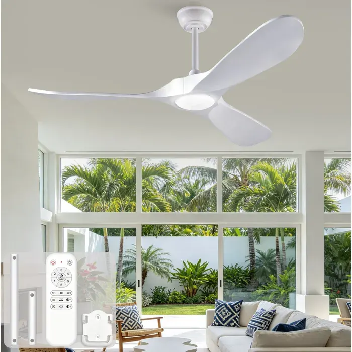 MEUBLIV Ventilateur de plafond 52 pouces avec éclairage LED télécommande 3 pales en bois blanc