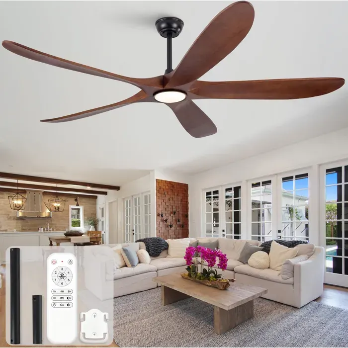 MEUBLIV Ventilateur de plafond avec lumière LED 5 pales en bois massif noir et noyer foncé 3CCT dimmable