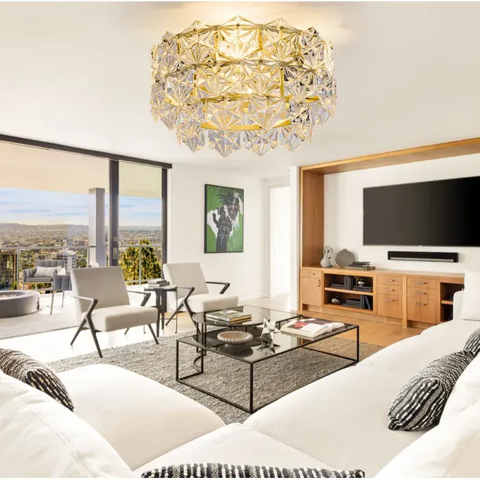MEUBLIV Ventilateur de plafond avec lustre en cristal doré télécommande et application 6 vitesses