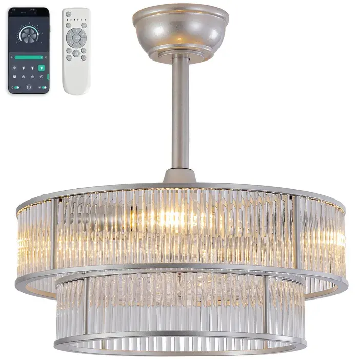 MEULVA Plafonnier ventilateur avec cristaux double anneau argenté 6 vitesses 4 douilles E26 et télécommande