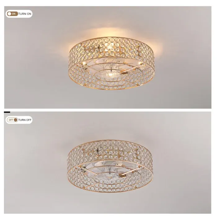 MEULVA Plafonnier ventilateur cristal doré encastrable 50 cm 4 douilles E27 télécommande Bluetooth 6 vitesses réversible