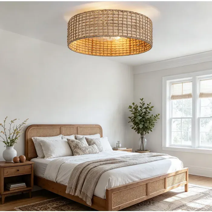 MEULVA Plafonnier ventilateur en rotin 4 douilles E27 télécommande application Bluetooth 6 vitesses
