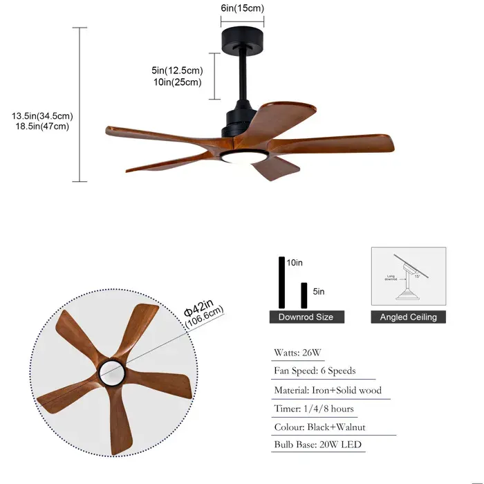 MEULVA Ventilateur de plafond 42 pouces avec LED 5 pales en bois télécommande 6 vitesses réversible
