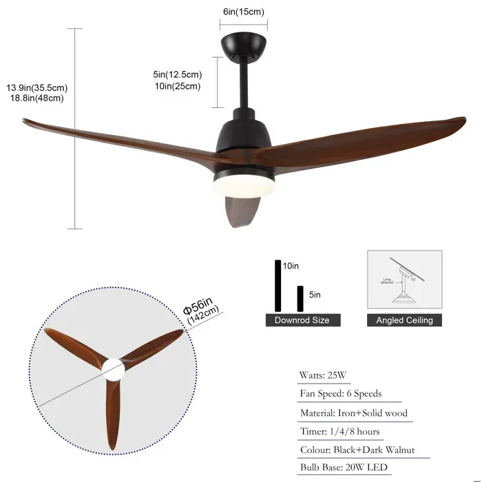 MEULVA Ventilateur de plafond avec éclairage LED télécommande 142 cm 6 vitesses réversible noir noyer foncé — coloris Blanc